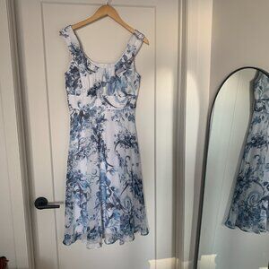 Connected Apparel Blue & White Floral Midi Dress - Romantic, A-line, Cottagecore